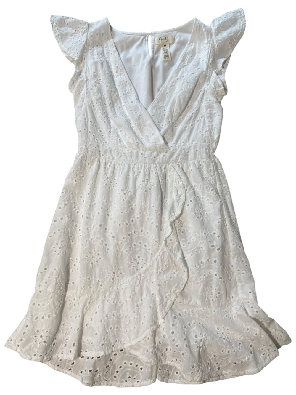 Jessica Simpson White Eyelet Faux Wrap Mini Dress Ruffle Size M